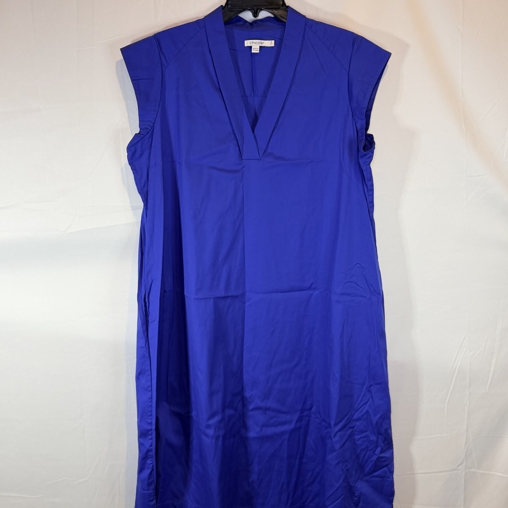 Chico's Dress Women's Blue Large Sleeveless V-Neck Shift Knee Length